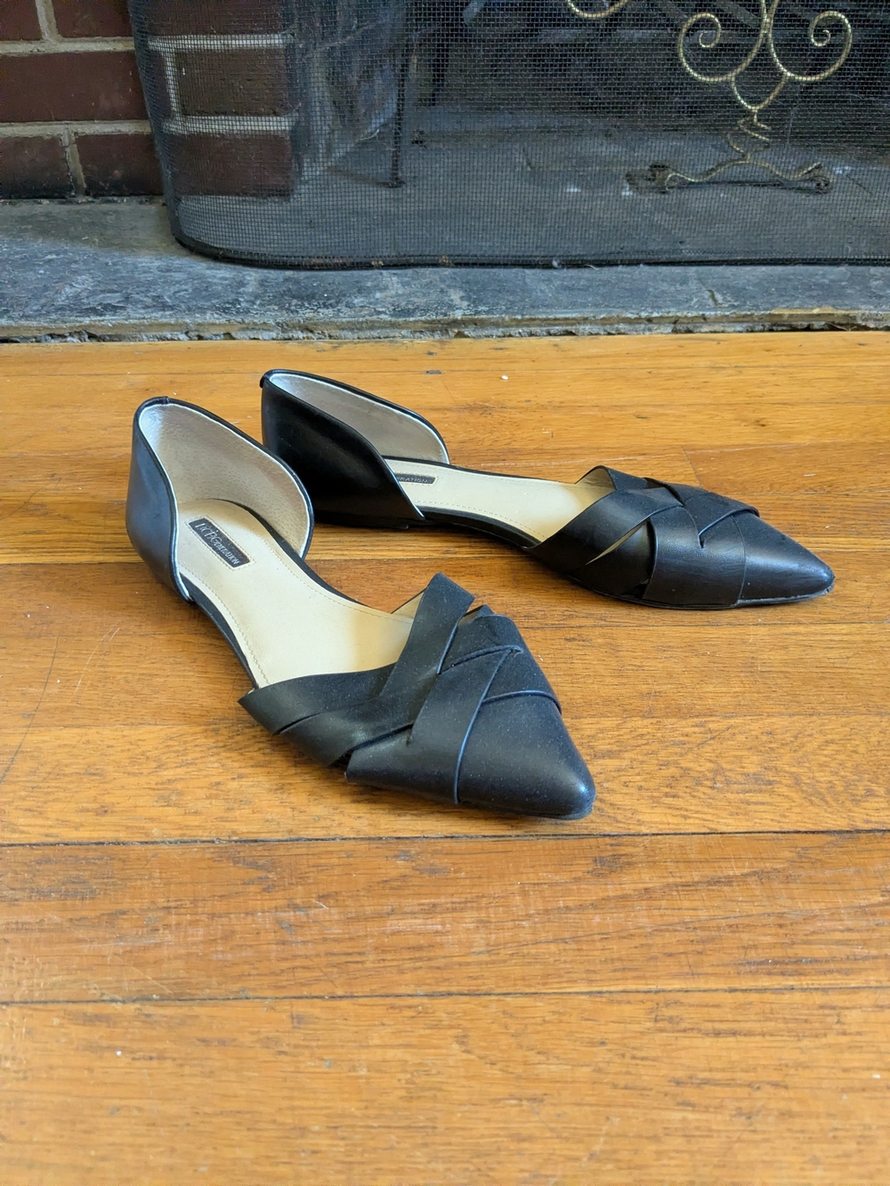BCBG Generation Black Leather Flats with Woven Pointed Toe